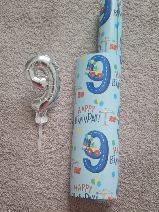 Happy Birthday Number 9 Blue Party Wrapping Paper with Silver 9 Balloon