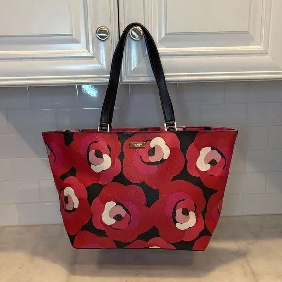 Kate Spade Bag Purse Handbag Leather Ellison Ave Sydney Floral Red XL Tote Bag