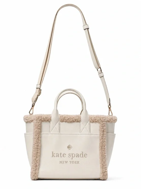 Kate Spade New York Cream Sherpa Trim Tote Crossbody Bag Winter Cozy Chic