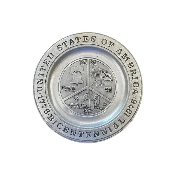 Pewter Bicentennial Plate 1776-1976 USA Liberty Bell Civil War Moon 10.5