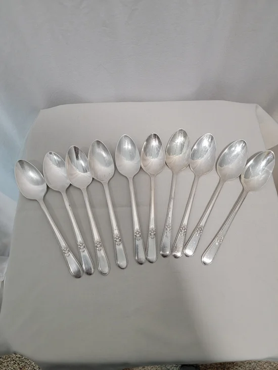 1847 Roger Bros Adoration Silver Plate Dessert Spoon Set - 10 Pieces
