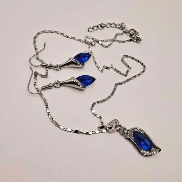 Royal Blue and Silver Matching Necklace And Earrings Jewelry Set