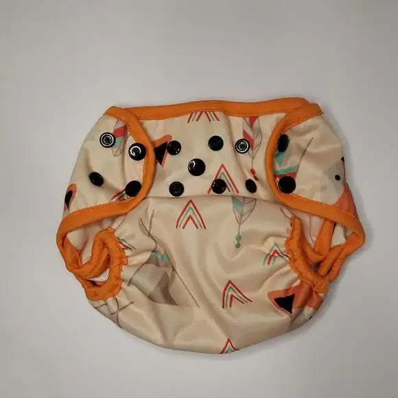 Adjustable Orange-Trim Diaper Cover with Geometric Feather Print