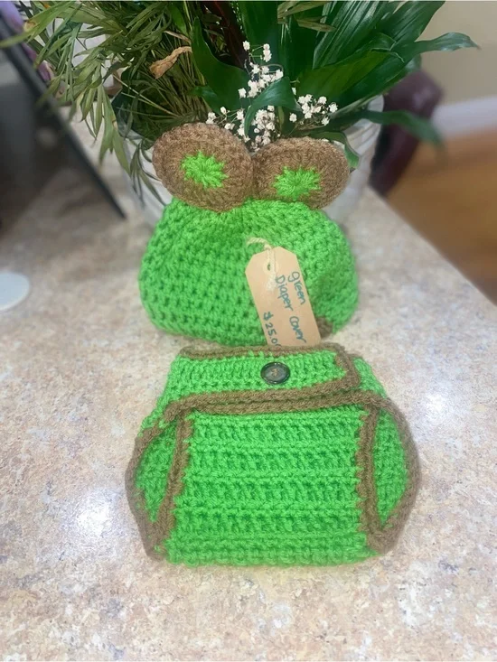 Handmade Green Crochet Baby Diaper Cover & Hat Set