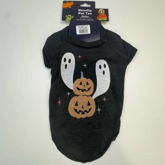 Halloween Novelty Pet Tee Medium Ghost and Pumpkin Design Black Dog Costume NEW