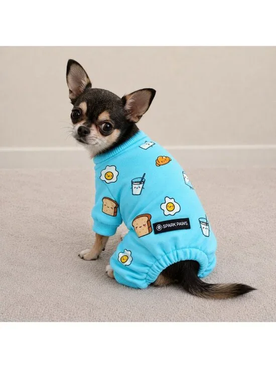 Spark Paws Dog Pajamas Breakfast Blue Novelty Print Small Pet Jumpsuit Cute Cozy