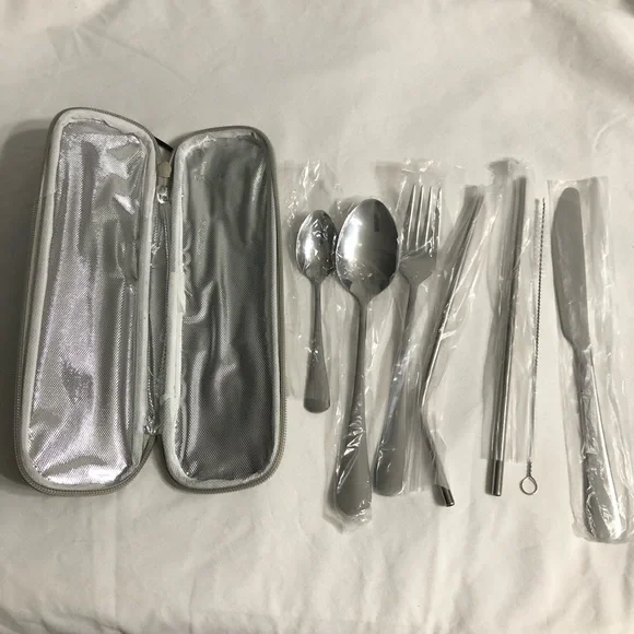 Stainless Steel 8 pcs Set spoon teaspoon knife fork straws clean brush with Case