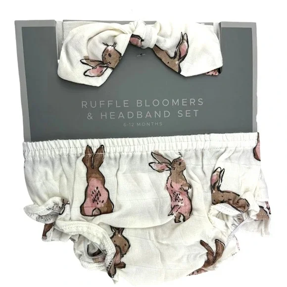 Baby Girl Bunny Ruffle Bloomer Headband Set‎ Bamboo 6 9 12 Mos Rayon 2pc NWT