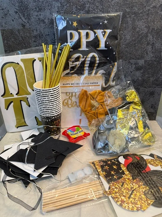 Gold and Black Happy Birthday Party Supplies Kit - Home Party Decorations