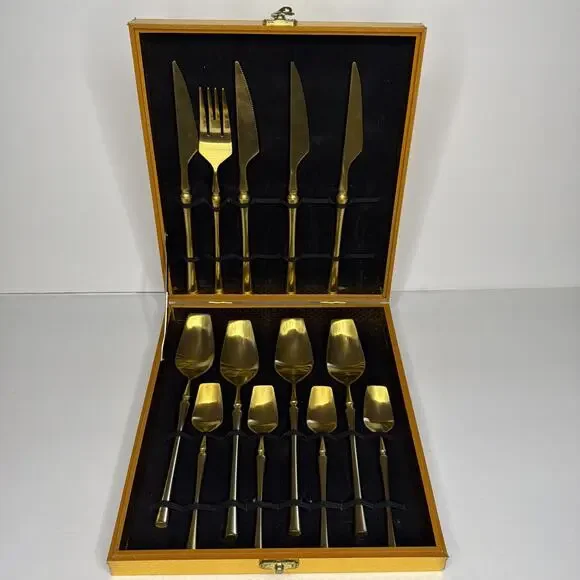 Gold Silverware 13 Piece Set Forged Stainless Steel Flatware Case Utensils Gift