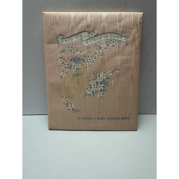 Vtg 50'S CATHOLIC BABY RECORD BOOK 8X10 Lovely Graphics NEVER USED Satin Cover