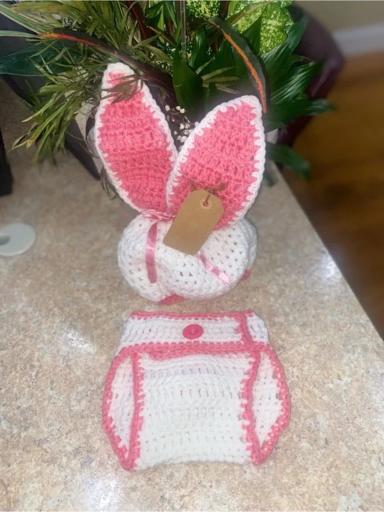 Handmade Crochet Bunny Diaper Cover & Ear Hat - White and Bright Pink