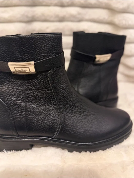 kate spade Black Leather Ankle Booties with Gold Accent
