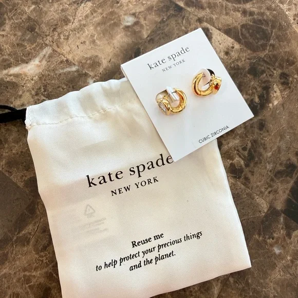 kate spade Gold-Tone Cubic Zirconia Mini Heart Hoop Earrings