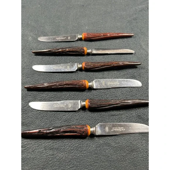 6pc F.A. Kirk Cutlers Sheffield England Stainless Steak Knives Faux Stag Handle