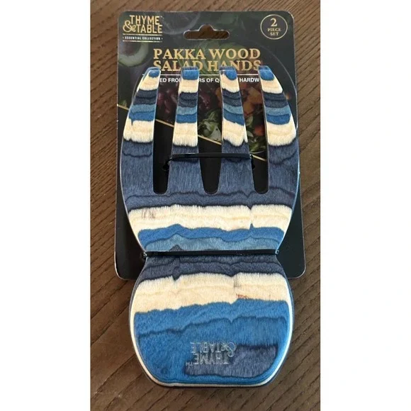 Thyme & Table Blue PakkaWood Salad Tosser Hand Set (2 Pack) New! Unique Pattern