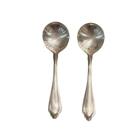 Set of 2 R Wallace A1 Silverplate Soup Bouillon Spoons Evening Star