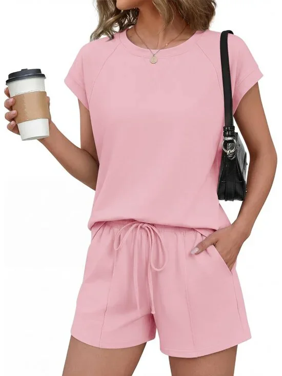Womens Cotton 2 Piece Outfits Cap Sleeve Short Sets Crew Neck Matching Sets Summ