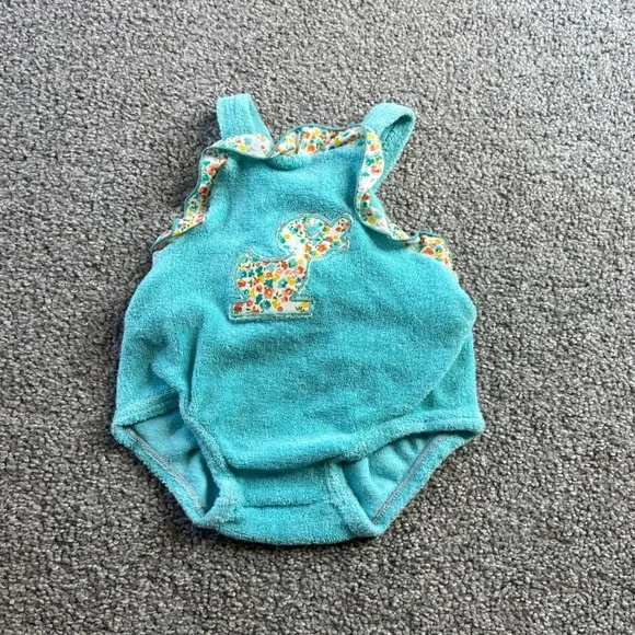 vintage romper bubble infant small 0-3m Teal Terry Cloth Duck Applique 80s‎ USA