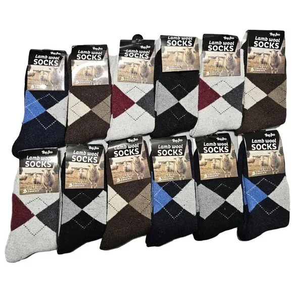 Men Wool Socks 10-13 Winter Lamb Wool Warm Crew Socks Classic Patterns 12-PAIRS