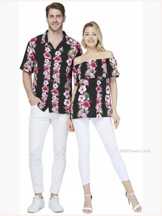 Matching Hawaiian Luau Shirt & Off-Shoulder Ruffle Top Set