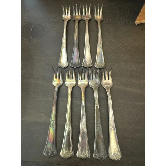 VTG Samuel E. Bernstein S.E.B. Silver‎ Plate Brass Base Cocktail Forks Set Of 9