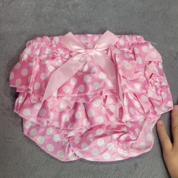 Pink Polka Dot Ruffle Bloomers Baby Toddler Diaper Cover Satin Bow Size L