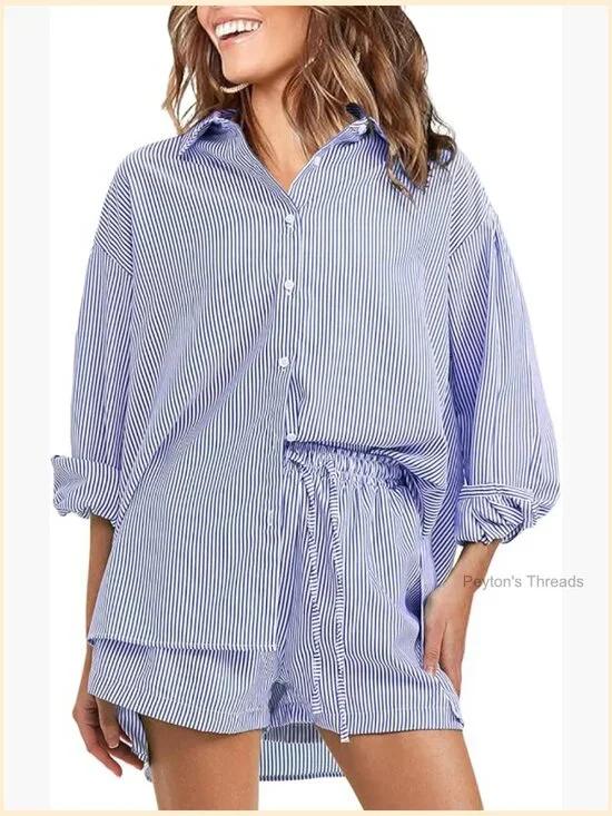 Cotton 2 Piece Set Long Sleeve Button Down Shirt Matching Shorts Lounge Set