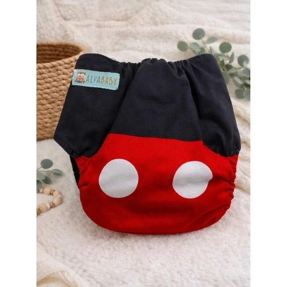 AlvaBaby Cloth Diaper OS Red Black Novelty Adjustable Snaps