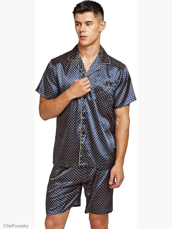 Men's Short Sleeve Satin Pajama Set with Shorts 2-Piece Button Top