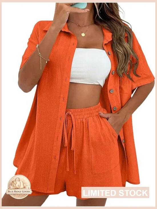 Women's Linen 2 Piece Shorts Set Lounge Beach Vacation Matching Outfit