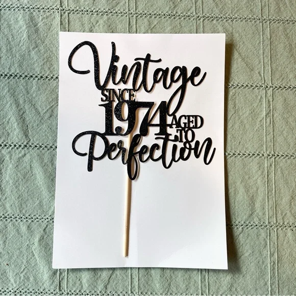 Vintage Since 1974 Aged to Perfection Shimmery Black Cake Topper