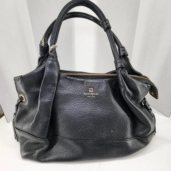 Kate Spade Black Leather Tassel Handbag Purse‎ With Gold Tone Hardware EUC
