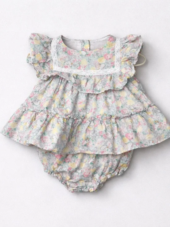 Janie and Jack Pastel Floral Ruffle Dress & Diaper Cover - Pink, Yellow, Blue