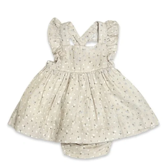 NWOT Viverano Organic Floral Ruffle Cross Back Flare Baby Dress+Bloomer, 12-18m