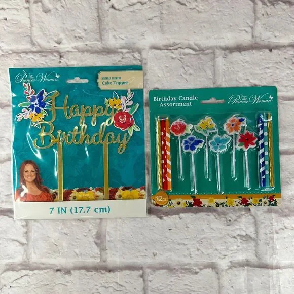 Pioneer Woman Happy Birthday Multicolor Floral Cake Topper Candle Set Colorful