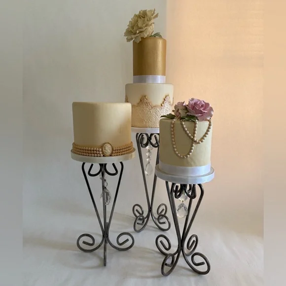 Wrought Iron Pillar Candle Stands with Pewter Patina and Crystal Embellishments