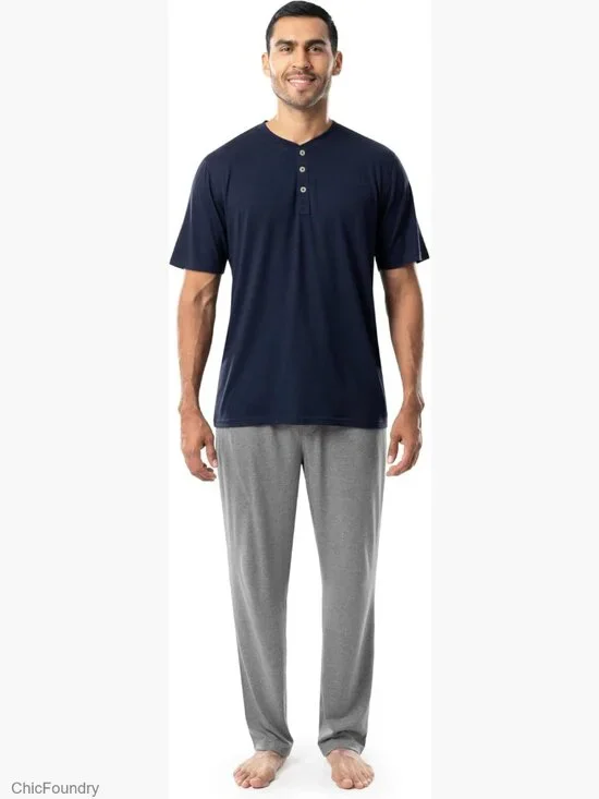 Men's 2-Piece Jersey Knit Pajama Set - Henley Top & Pants
