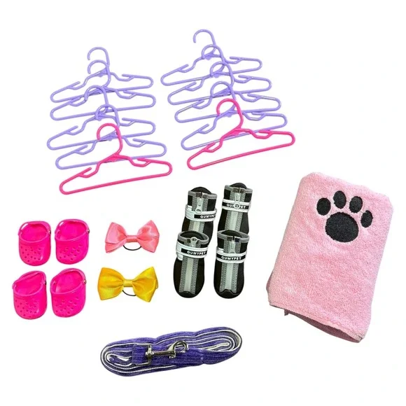 Dog Accessory Bundle: Hangers, Shoes, Leash, Towel, Bows - Pet Fashion Set