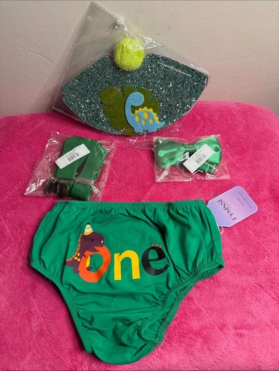 Green 'One' Dino First Birthday Bloomers & Party Set