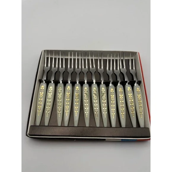 Vintage 12pc Mini Cocktail Forks Stainless Japan Gold Filigree Blue Handles Box