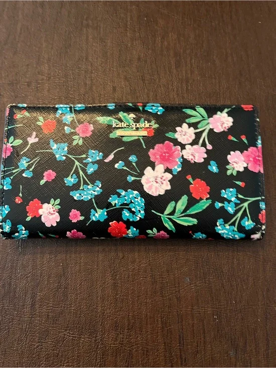 kate spade Black Floral Continental Wallet with Gold Logo