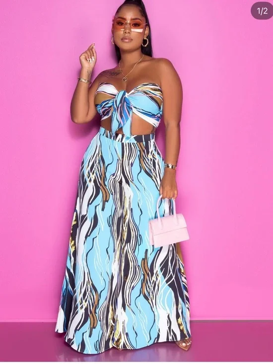 Sky Wave Wide Legs Pants with matching top set- Blue Pattern NWT