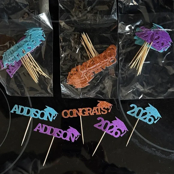 36 NEW Graduation Party Cupcake Toppers - Purple, Orange, Blue