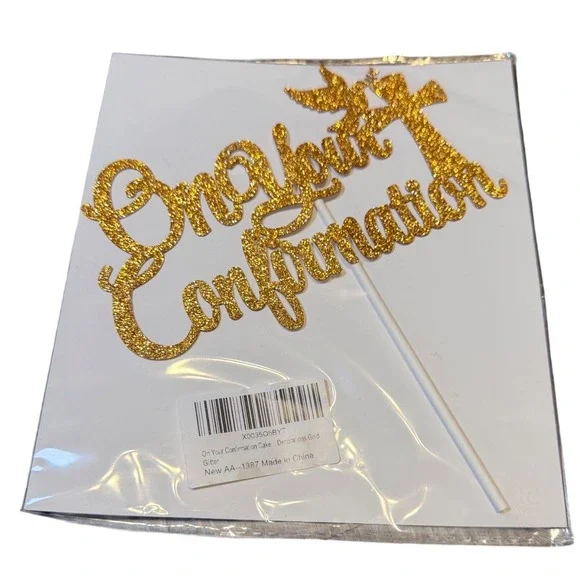 Gold Glitter Confirmation Cake Topper Cross Dove Religious Party Decor