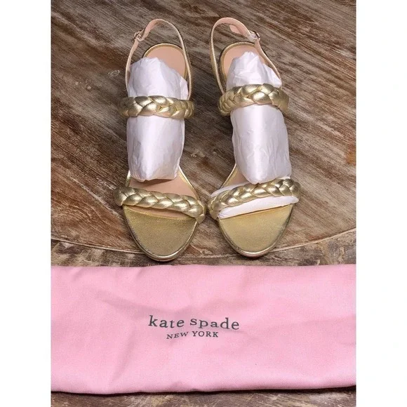 Kate Spade Saffron Heels Slingback Antique Gold Metallic Leather NEW 7 US