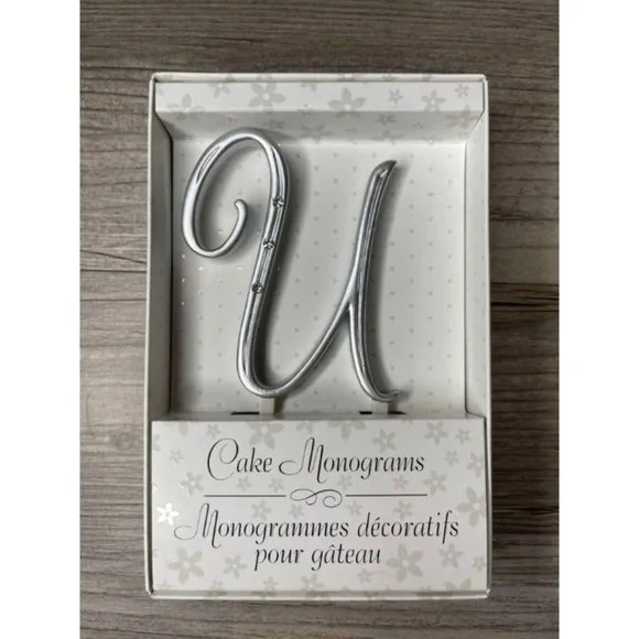 Wedding Small U Silver Finish Monogram Initial Rhinestones Cake Topper