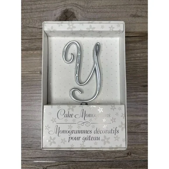 Wedding Small Y Silver Finish Monogram Initial Rhinestones Cake Topper