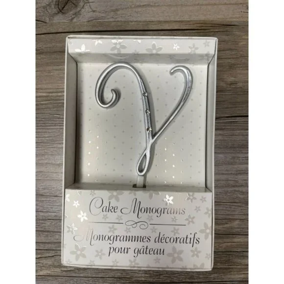 Wedding Small V Silver Finish Monogram Initial Rhinestones Cake Topper