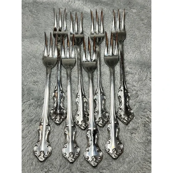 Eldan Japan Rococo Style Forks 8 Ornate Silverplate Flared Flatware Vintage